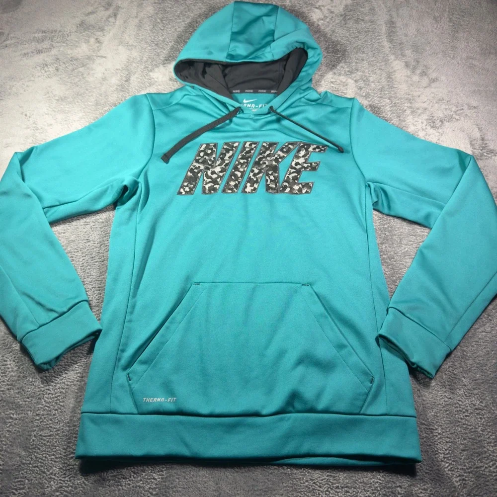 Nike Therma-FIT Mens Small Teal Blue Camo Logo Pullover Hoodie Sweatshirt